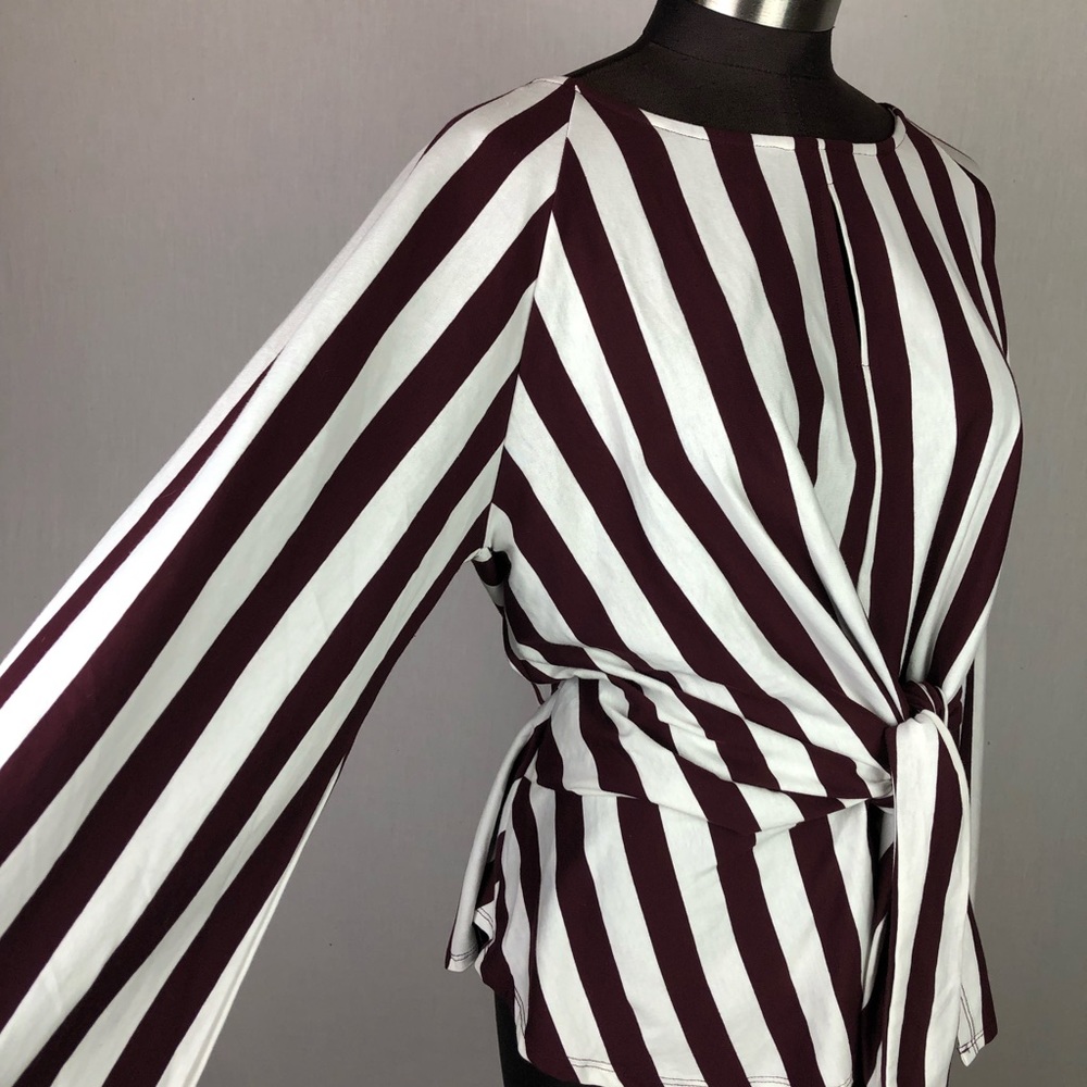 Jodifl Red Striped Bell Sleeve Tie Peplum Blouse - Picture 3 of 8